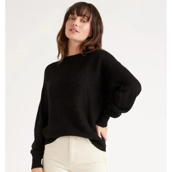 Quince Women's Black Baby Alpaca-Merino Wool Diamond Stitch Crew Neck Sweater S - Picture 5 of 5